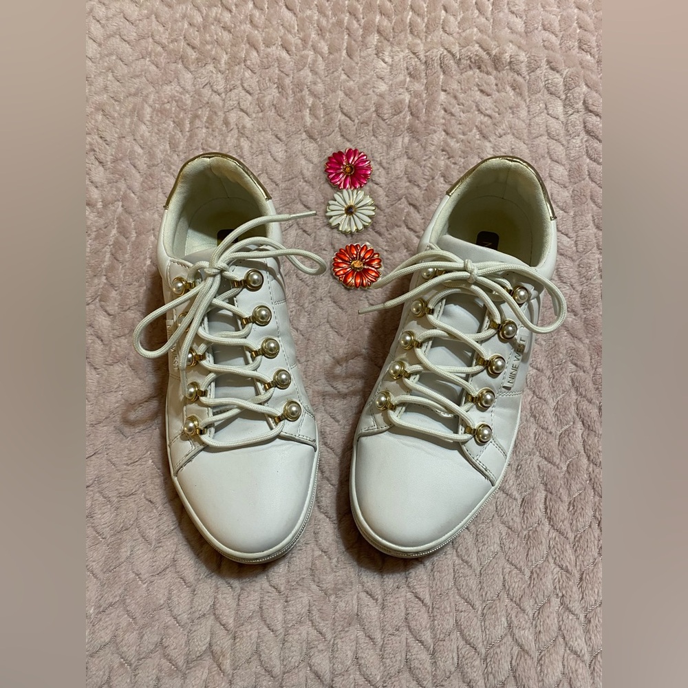 Women's White Sneakers with Gold and Pearl Accents Size 9